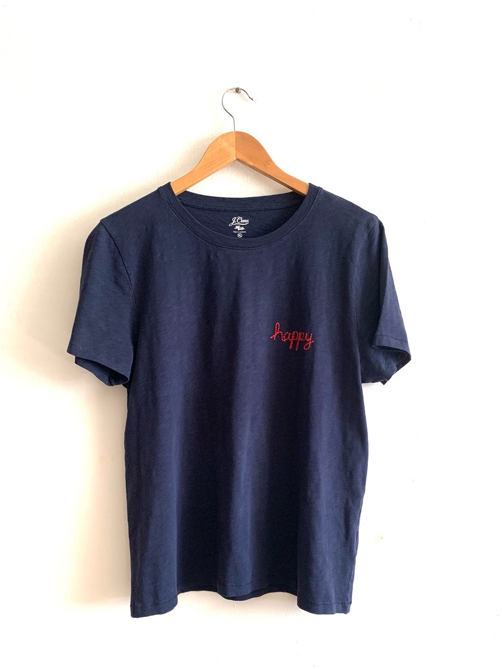 J. Crew Navy Short Sleeve Tee with Red "happy" Embroidery